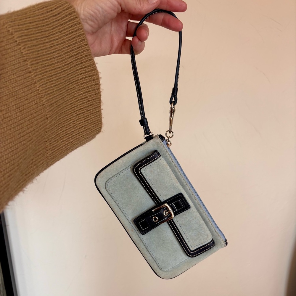 COACH Suede Wristlet Light Blue & Black Buckle Clutch Mini Wallet